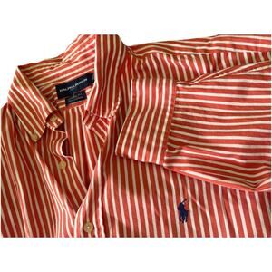 Ralph Lauren Golf Shirt Mens Large Orange White Striped Button Down Cotton VTG
